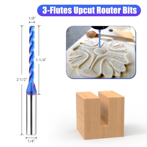 CNC Router Bits 1/8'' Cutting Dia 1/4 inch Shank Upcut Spiral Router Bit, 2PCS 3-Flutes Extra Long Carbide End Mills with Coating for Wood PVC Engraving 1-1/4'' Cutting Length Spiral Router Bits 2