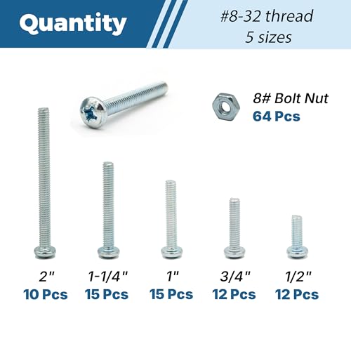128-Piece #8-32 Machine Screws Assortment Kit – Zinc-Plated Carbon Steel Phillips Pan Head Screws with Nuts, Knobs Cabinet Screw & Electrician Screw Machine Bolts Silver #8-32 – 64 Sets, 5 Sizes