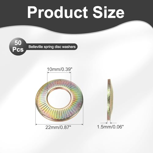PATIKIL M10x22x1.5mm Flat Washers 50Pcs 65Mn Steel Belleville Spring Disc Washer Conical Knurled Metric Gasket for Automotive Industrial Construction (Yellow Zinc Plating) Yellow Zinc Plating 50