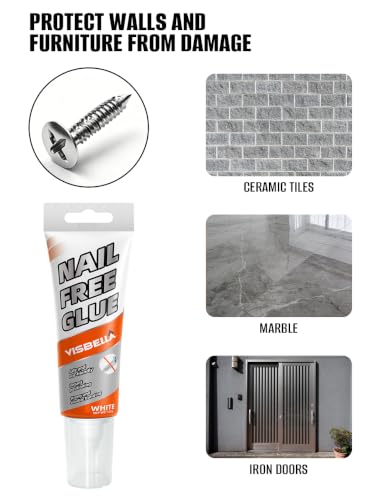 Visbella Nail Free Glue, Heavy-Duty Mounting Adhesive, No Nails Strong Bond Glue for Wood, Ceramic, Metal & More, White Instant Grab Adhesive 4.4oz. 2pcs
