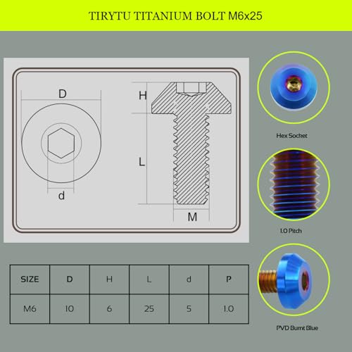M6X25 Titanium Bolts, 6PCS, Burnt Blue M6X25
