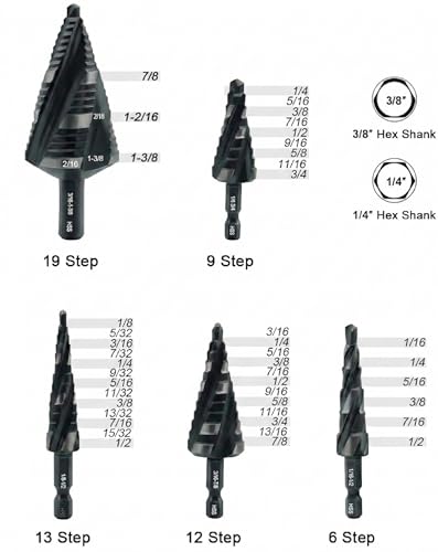4 Spiral Flute Step Drill & Countersink Bits Set for Sheet Metal 1/8"-1-3/8" (10Pcs)