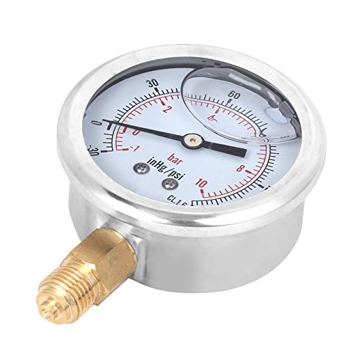 Oil Filled Pressure, 1/4 Lower Mount Stainless Steel Liquid Filled Pressure, -1-10 bar, -30-150 inhg/psi Scale Pressure with Brass Internals
