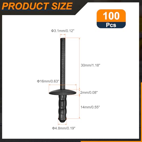 uxcell 100Pcs 3/16"x1/2" Large Head Multi Grip Blind Rivets, Zinc-Plated Carbon Steel Grip and Mandrel Cap Blind Rivets, Black