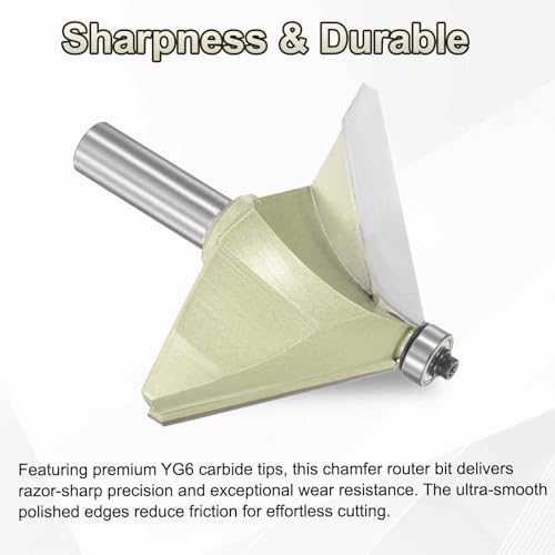 HARFINGTON 45 Degree Chamfer Router Bit 1/2 Inch Shank 2" Cutting Edge Carbide Tip with Bearing for Woodworking Milling Cutter Tool, Gold 1/2" x 2"
