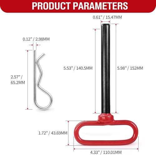 2pcs Trailer Hitch Pin 5/8 x 5-1/2 Inch, Tractor Hitch Pin with R-Clip Pin for Lawn Mower, Tractor, Trailer - Red Handle 2