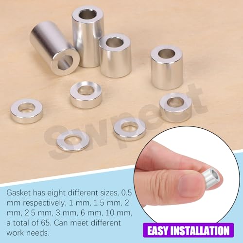 Swpeet 65Pcs 8 Sizes M3 Aluminum Spacer Assortment Kit, 3.1×6mm(ID×OD) Silver Aluminum Standoff Column Spacer, Round Spacer Unthreaded Standoff Bushing Plain Finish, Length 0.5/1/1.5/2/2.5/3/6/10mm Silvery