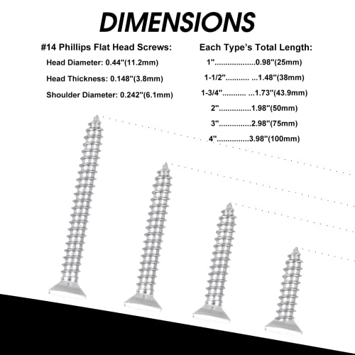 50 PCS #14X3 Stainless Steel Phillips Flat Head Wood Screws,Stainless Steel 18-8 A2(304) Screw,Home Screw Kit by QISHENG #14X3" Colorless 50