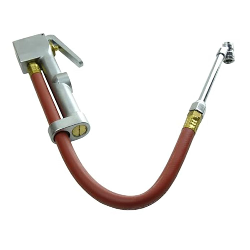 K Tool International 89002 Tire Inflator Gauge with Dual-Head Chuck for Garages, Repair Shop and DIY, 15" Air Hose, 1/4" NPT, 10 to 120 PSI, Chrome Plated Head, Weather Proof Aluminum Body, Angled Tip