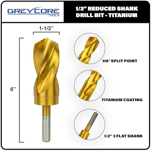 Greycore Tools 1-1/2 Inch Reduced Shank Drill Bit, 1/2" 3-Flat Shank, High Speed Steel with Industrial Titanium Coating, Drill Bit for Steel, Iron, Wood, Plastic (1-1/2" x 6" RS) 1 1/2 in