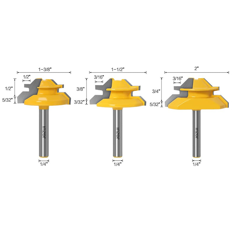 45 Degree Lock Miter Router Bits 1/4" Shank 3Pcs, C3 Carbide Set | 3 piece lock miter set, 1/4 inch shank, C3 tungsten carbide, 3/4 to 1-1/8 inch stock, cabinet joints, seamless corners 1/4inch Shank 3-Bit Set