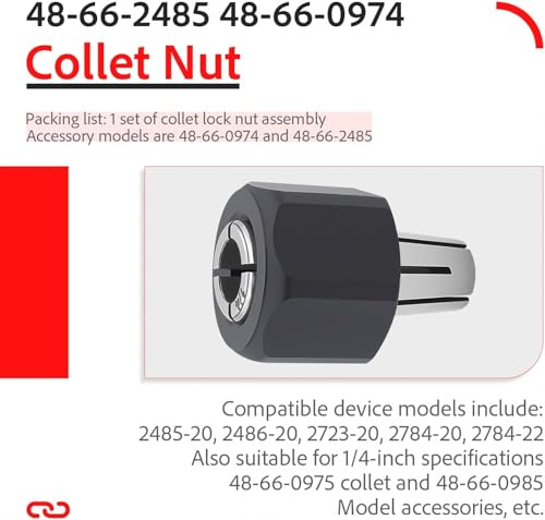 Self-Releasing Collet and Locking Nut Assembly 48-66-0974 48-66-2485 Replace 48-68-0031 14-46-0166 Collet Nut 2485-20 2486-20 48-66-0975 1/4"（6.35mm) Collet 48-66-0985