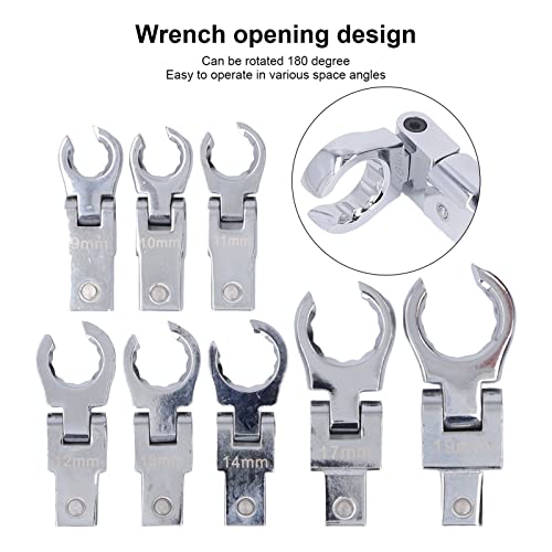 Flex Head Flare Nut Wrench Set, 9Pcs 180° Metric Steel Brake Line Ratchet Wrench Set, Flexible Ratcheting Open End Wrench Set for Maintenance