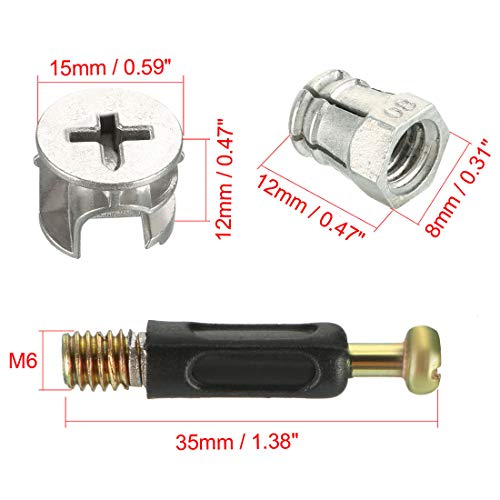 uxcell 3-in-1 Furniture Connecting Kit 15mm OD Cam Fitting, M6x35mm Dowel Screws, 8mm OD Pre-Inserted Nut 20 Sets