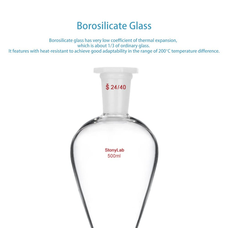 stonylab 500 mL Conical Pear-Shaped Separatory Funnel with PTFE Stopcock, Heavy Wall Borosilicate Glass, Top & Lower 24/40 Joints – Lab Liquid Separation 500.0 milliliters 1 XMK-Sep-Funnel-24/40-500ml