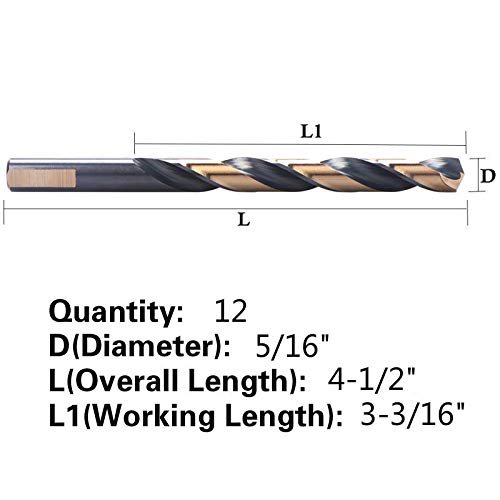 12 PCS, 5/16", Black and Gold Coated Twist Drill Bits 5/16 in