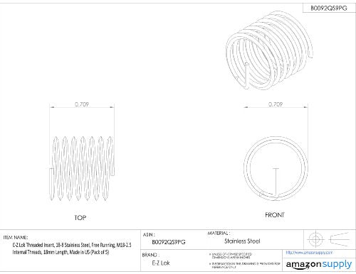 E-Z LOK Coil Threaded Insert for Metal 18-8 Stainless Steel Helical Wire Thread Insert M18-2.5 Internal Threads, 18mm Length, Pack of 5