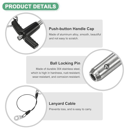 M METERXITY 2-Pack T Handle Lock Pins, 1/4"(6mm) Dia. 3-15/16"(100mm) Usage Length Push-Button Quick Release Locking Pins W Lanyard Cable for Speaker/Aviation/Gym/Machine [304 Stainless Steel] 1/4" x 3-15/16"