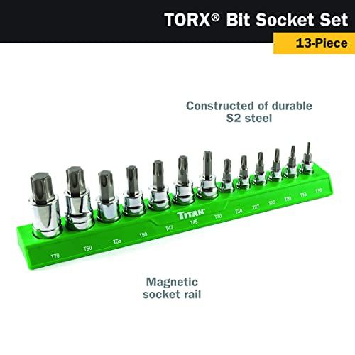 Titan 85532 13-Piece Torx Bit Socket Set, Magnetic Socket Organizer with Laser-Etched Size Markings New Torx