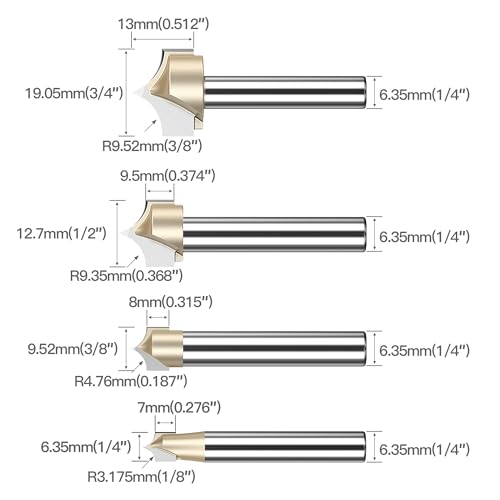 HUHAO 4Pcs Groove Point Cutting Roundover Router Bit Set, 1/4" Shank