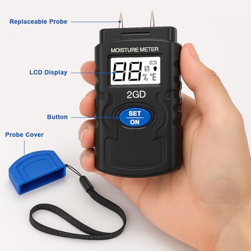 Wood Moisture Meter, Pin Type Tester for Wood Plaster Concrete with LCD Blue 1-pcs