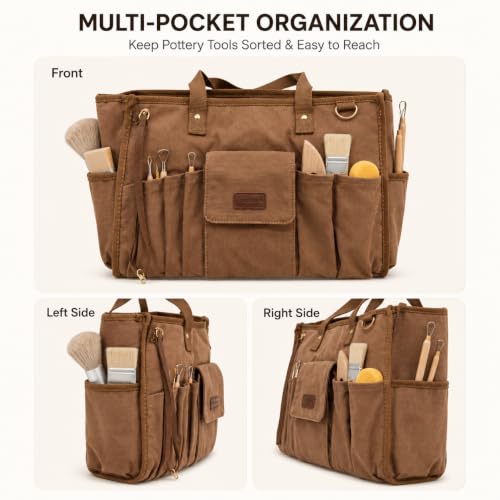 Pottery Tool Bag with Multiple Pockets, Art Supply Tote for Clay Tools brown