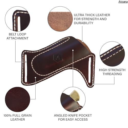 Leather Knife Sheath for Belt (Premium Leather) - Knife Holder for Belt with Side Draw Pocket for Folding Knife and EDC Gear (Extra Dark Brown) by ATQANA®