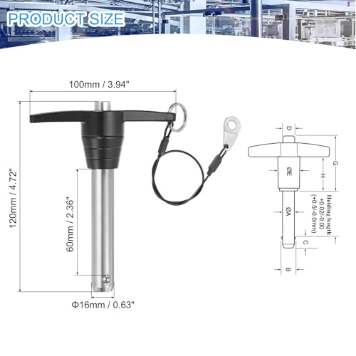 MECCANIXITY Quick Release Pin 5/8 Inch, t Handle Ball Locking Pin with Push Button Lanyard Cable 304 Stainless Steel Equipment Mechanical Usable Length 2.36 Inch, Silver 5/8 Inch/2.36 Inch