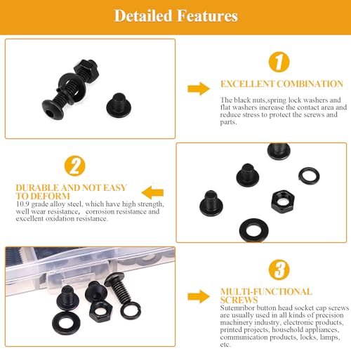 376 Pieces M4 Screws Nuts Washers Set Black, Sutemribor M4 x 6/8/12/16/20/25/30mm Button Head Socket Cap Screws Nuts Washers Assortment Kit, 10.9 Grade Alloy Steel, Fully Threaded