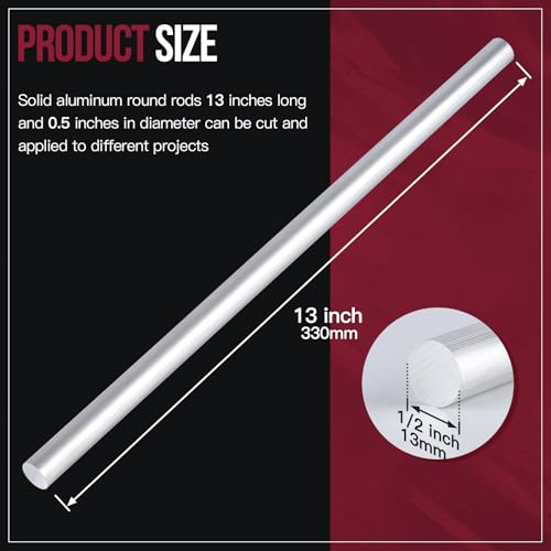 5 Pieces 1/2" Diameter Round Aluminum Rod,Long 13" 6061 Aluminum Round Bar,T6511 Solid Extruded,0.5" Diameter,for DIY Craft (1/2x13 inch, 5) 1/2x13 inch