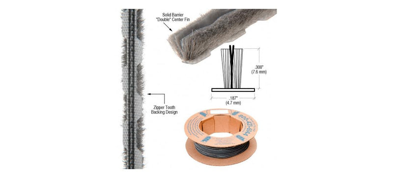CRL Z78194C Zipper Pile Weatherstrip .187" Backing - .300" Pile Height - 100' Roll Gray