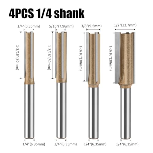 3-Flute Straight Router Bit Set 1/2" Shank 4-Piece 1/2 Inches