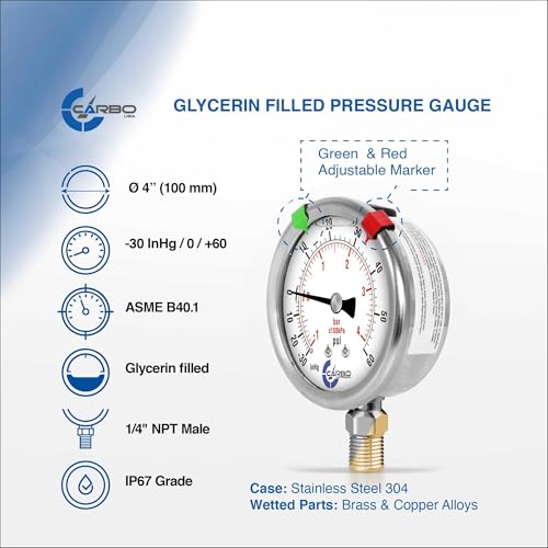Compound Pressure Gauge -30 inHg to 60 PSI, Liquid Filled, 4" Dial, 1/4 NPT Lower Mount, 304 Stainless Steel Case, Brass Parts, PSI/inHg - ASME B40.1 Grade A -30inHg / 0 / +60Psi STANDARD
