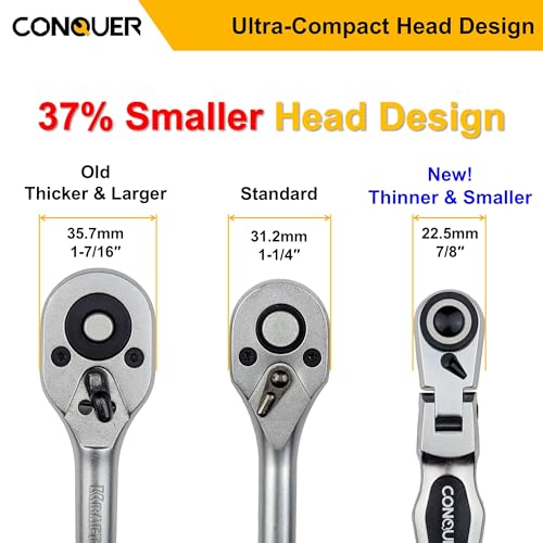 CONQUER 3/8" Drive Flex Head Ratchet Wrench, 4" Stubby Length Stubby Flex Head