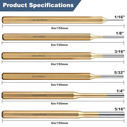 6 Piece Pin Punch Set,1/16 to 5/16 Inches Long Pin Set,Cr-Mo Steel for Mechanics and Crafting(6 Piece Punch Set) 6 Piece Punch Set