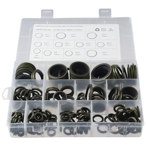 230Pcs Bonded Sealing Washer, M6-M26 Automotive Self-Centred Seal Gasket Assortment, Metal Bonded Seal Oil Washer, O Ring Kit Set, 11 Metric Sizes