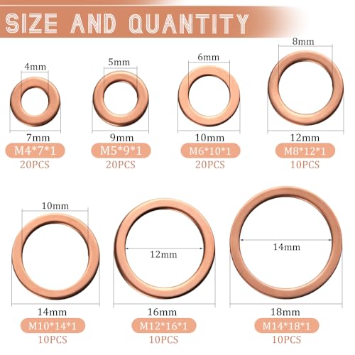 100Pcs 7 Kinds Copper Sealing Washers Copper Flat Gasket Oil Sealing Washer Box M4 M5 M6 M8 M10 M12 M14 for Automotive Plumbing Electrical Mechanical Use