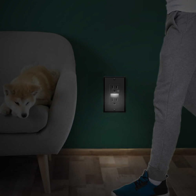 Black Wall Outlet Receptacle with Night Light,Electrical Receptacle Outlets,15A 125V, 2 Pole 3 Wire,Wall Plate Included,4 Pack