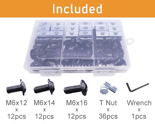 72 pcs M6 T Nut and Screws Kit, 36pcs M6 x 12/14/16mm Flanged Button Head Socket Cap Screws, 36pcs M5 Slide in T Nut and 1pcs Hex Wrench, for 1010 Aluminum Extrusion Hardware (Black) 72pcs1010 Series M6 Flanged Screws Kit Black