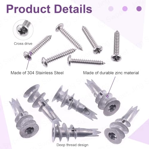 Swpeet 120Pcs Heavy Duty Zinc Self Drilling Drywall Anchors with #8 x 1-1/4'' Screws Kit, No Pre Drill Hole Preparation Required - Self-Tapping Drywall Anchors for Hanging and Mounting Zinc Self-Drilling Drywall Anchors with Screws