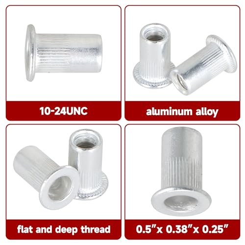 findmall 100Pc Rivet Nut Kit 10-24UNC Aluminum Flat Head Threaded Rivet Nut