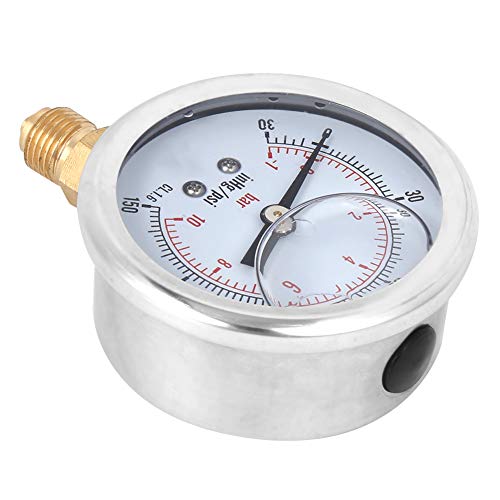 Oil Filled Pressure, 1/4 Lower Mount Stainless Steel Liquid Filled Pressure, -1-10 bar, -30-150 inhg/psi Scale Pressure with Brass Internals