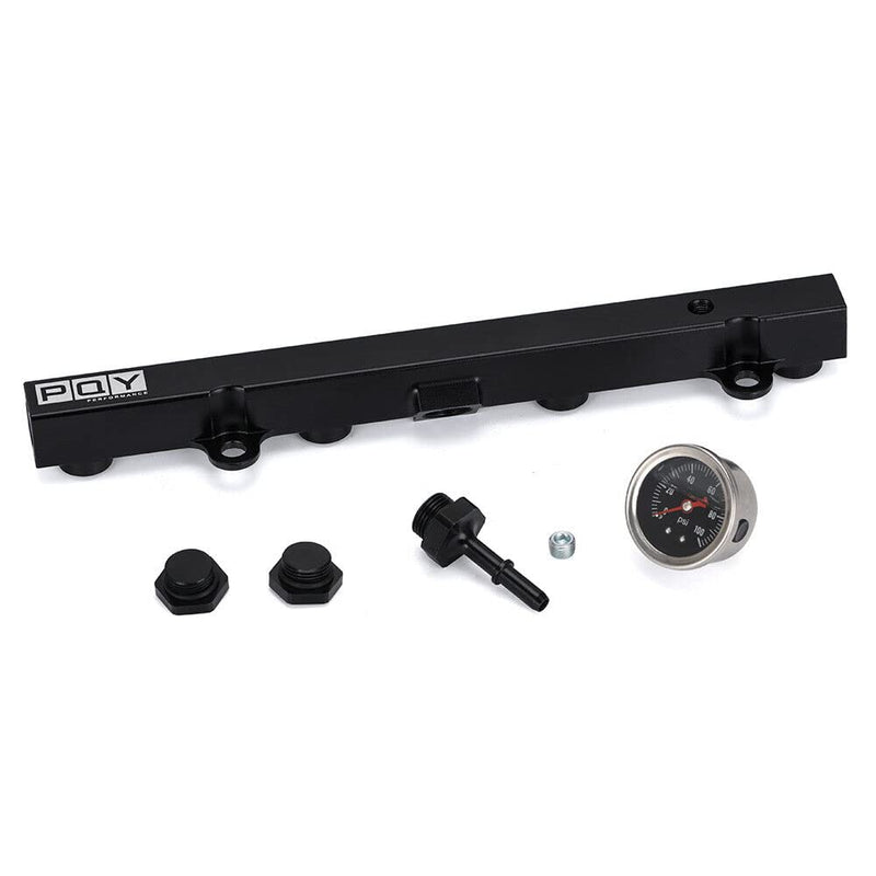 Black Aluminum Fuel Rail with Oil Gauge Kit Compatible with Honda Civic Acura RSX K20 K24 Engines