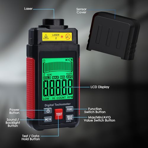Digital RPM Tachometer 10-99999 RPM High Accuracy Laser Non-Contact RPM Meter with Reflection Tape, LCD Backlight & Max/Min/AVG, Data Hold, RPM & Counting Speed RPM Tester Rotational