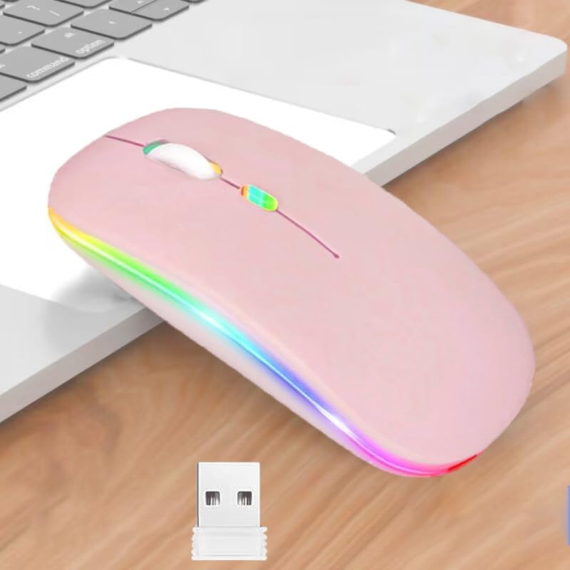 2 Pack Wireless Bluetooth Mouse,LED Dual Mode Rechargeable Silent Slim Laptop Mouse,Portable(BT5.2+USB Receiver) Dual Mode Computer Mice,for Laptop,Desktop Computer,Tablet,Phone,TV (Pink) 2 pack pink