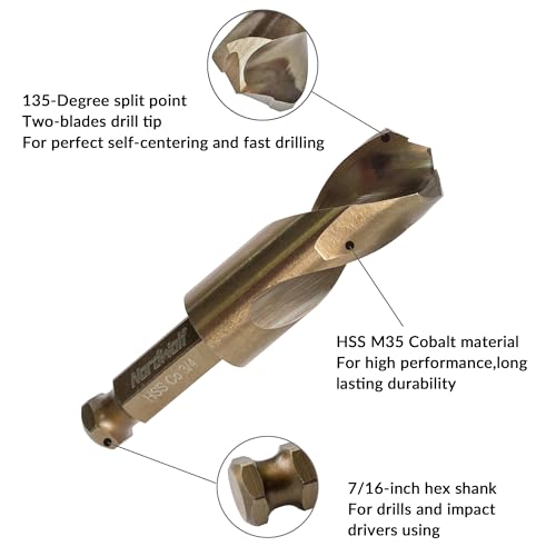 NordWolf 3/4" M35 Cobalt Stubby Drill Bit for Stainless Steel & Hard Metals, with 7/16" Hex Shank for Quick Chucks & Impact Drivers 3/4 in