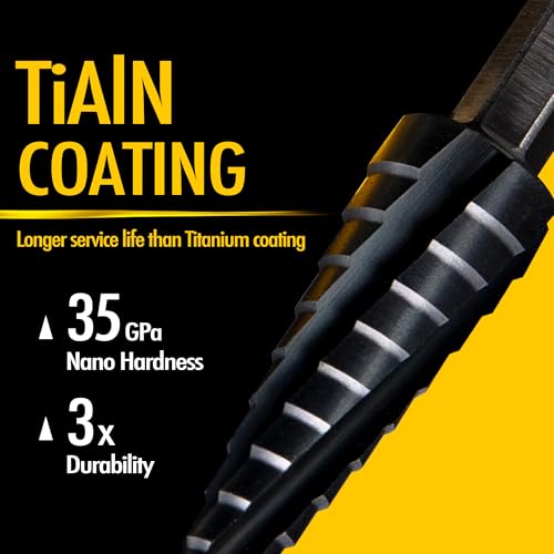 Four Spiral Flute Cobalt Step Drill Bit, 1/4" - 1-3/8" M35 TiAlN Coating Impact Ready Unibit Step Drill Bit, Tri-Flat Shank Shank Step Bit for Metal, Stainless Steel, Aluminum, Plastic 1/4" - 1-3/8"