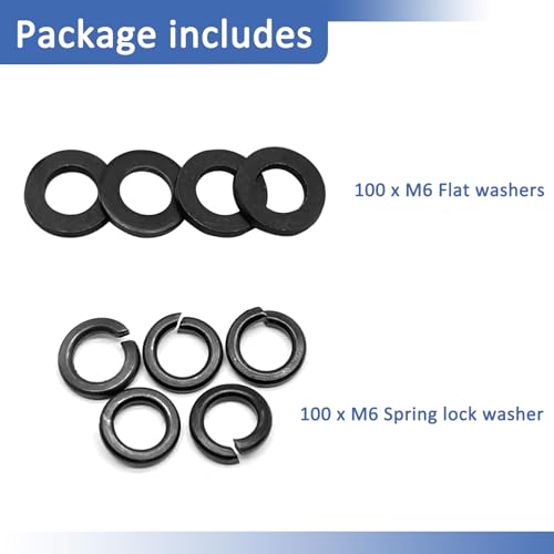100 Set M6 Split Lock Washer and Flat Washer,Surface Black Oxide Finish,12.9 Grade Carbon Steel