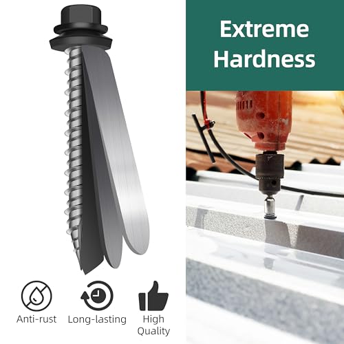 300Pcs #10 x 1 Inch Hex Head Metal Roofing Screws, Black Coated Hex Head Metal Roof Screws with Rubber Washer, Construction Self Tapping Screw with Hex Socket #10 x 1" 300