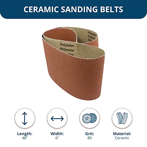 Benchmark Abrasives 6" x 48" Ceramic Sharpening Sanding Belts for Grinding Deburring Polishing Rust Removal on Metal, Stainless Steel, and Carbon Steel, Use with Belt Disc Sander (2 Pack) - 80 Grit